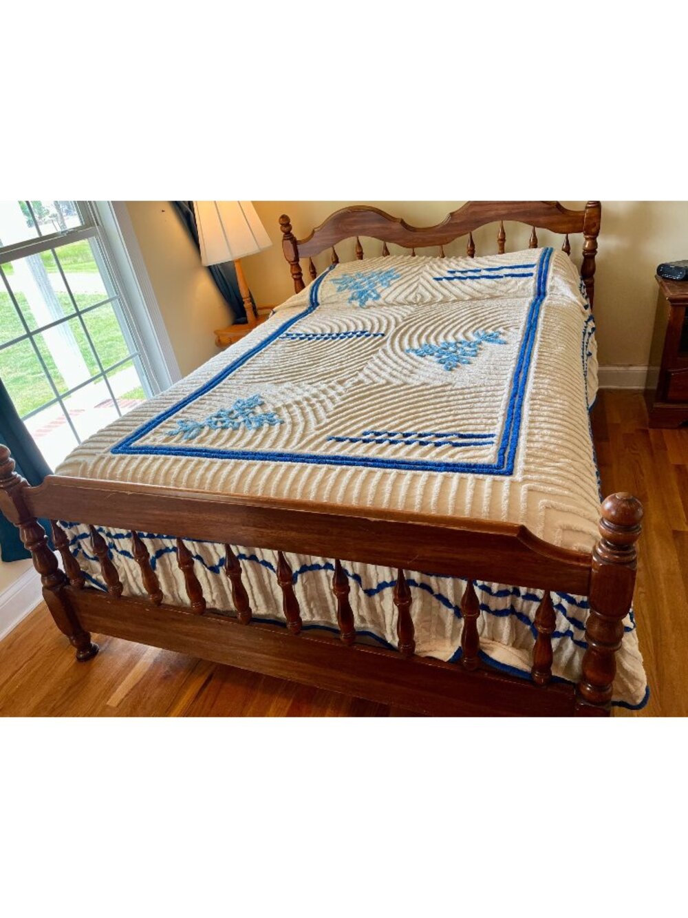 Vintage Ivory & Blue Chenille Bedspread With Floral Design For Full/Queen Bed